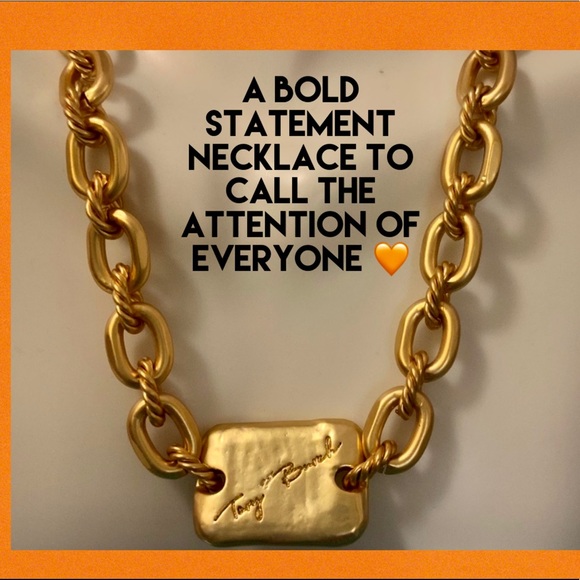 🆕 Tory Burch Authentic Torsade Vintage Brass Gold With T Logo Necklace - Picture 4 of 12